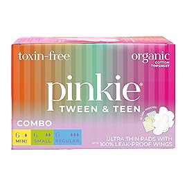 Pinkie Period Starter Pads - Designed for Smaller Underwear - Organic Cotton Topsheet Tween & Teen Pads with Wings - Chlorine Free & Fragrance Free - Teen Combo Pack, 18 Count