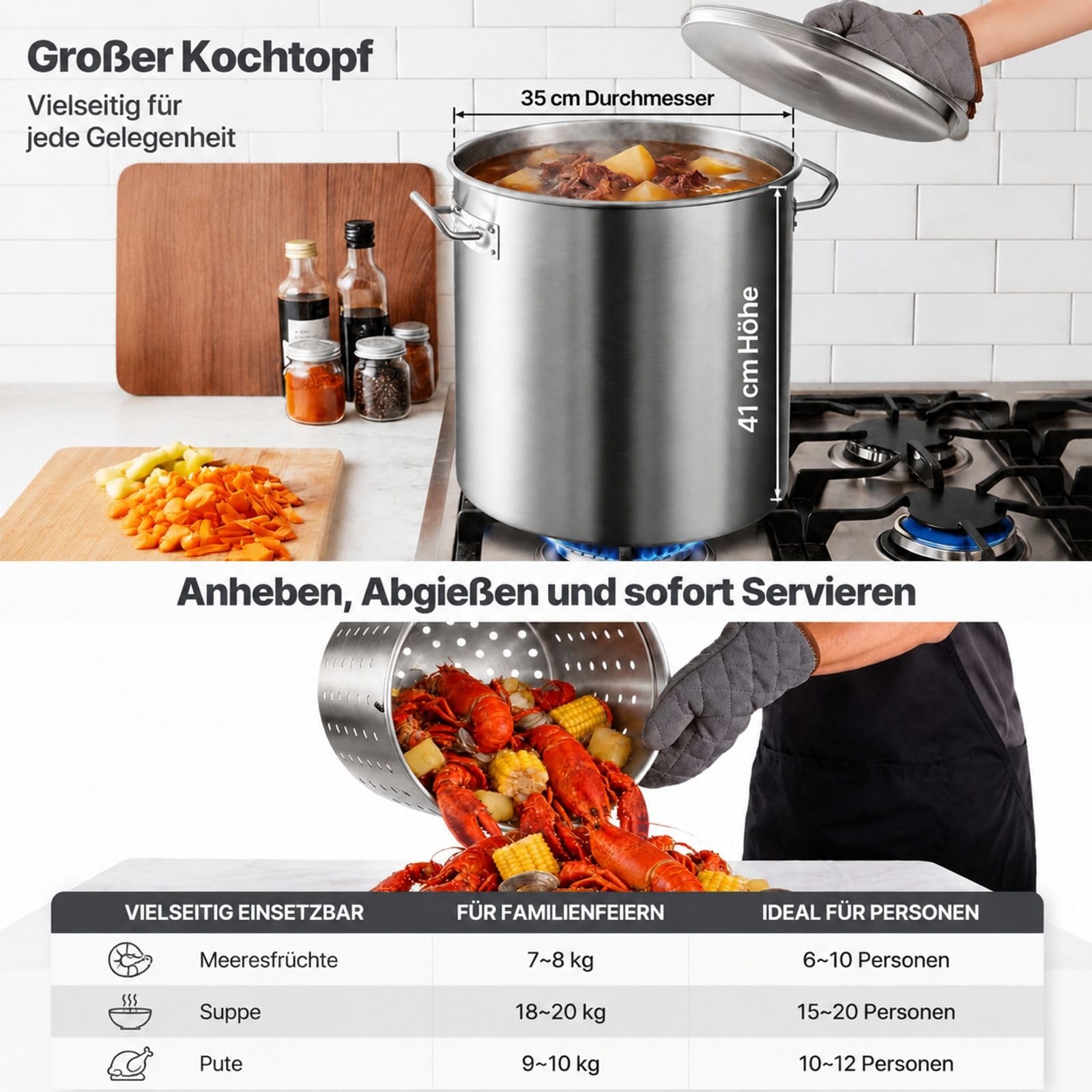 Edelstahl Kochtopf mit Deckel, Griffen und Siebeinsatz, für Küche, Restaurant und Veranstaltungen