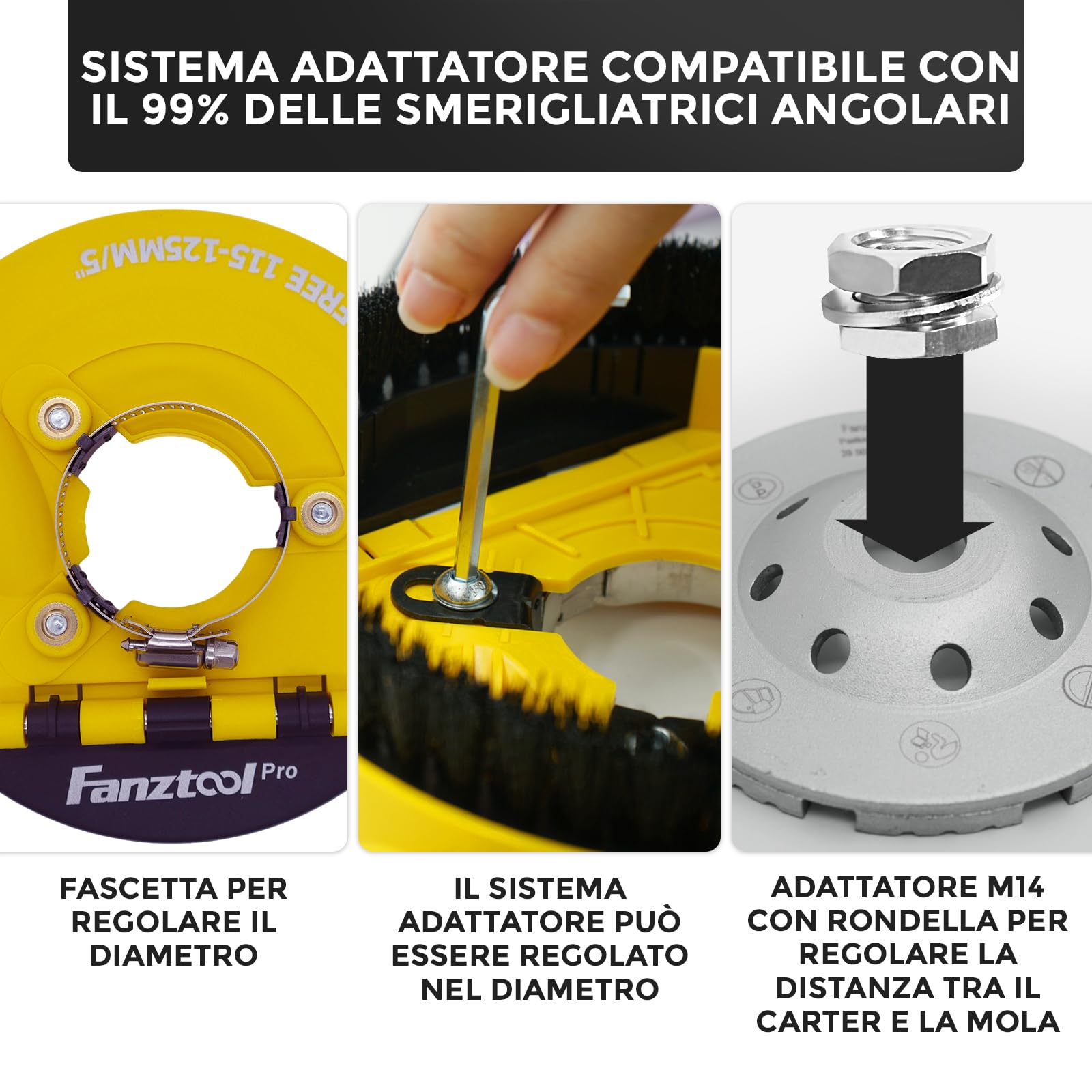 FANZTOOL Nuova Cuffia Aspirazione Smerigliatrice con Mola a Tazza Diamantata da 125 mm, Qualità Professionale, Spazzole a Molla Migliorate, Compatibilità Universale al 99%.