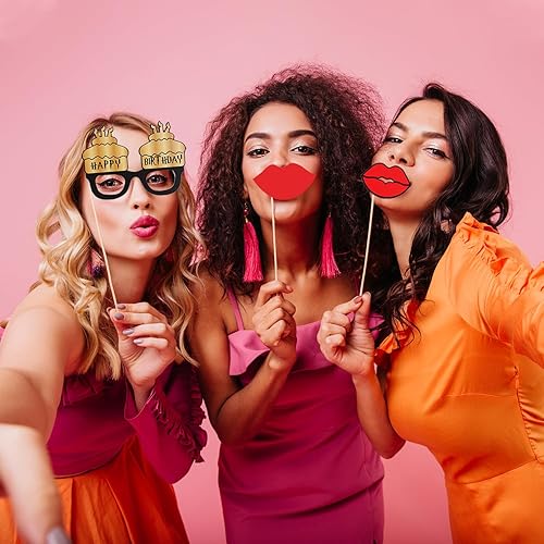 Miniatura 8 de LINGTEER Accesorios para cabina de fotos de fiesta de cumpleaños 55, saludos a cumpleaños 55, 36 piezas de papel para cabina de fotos, color dorado,