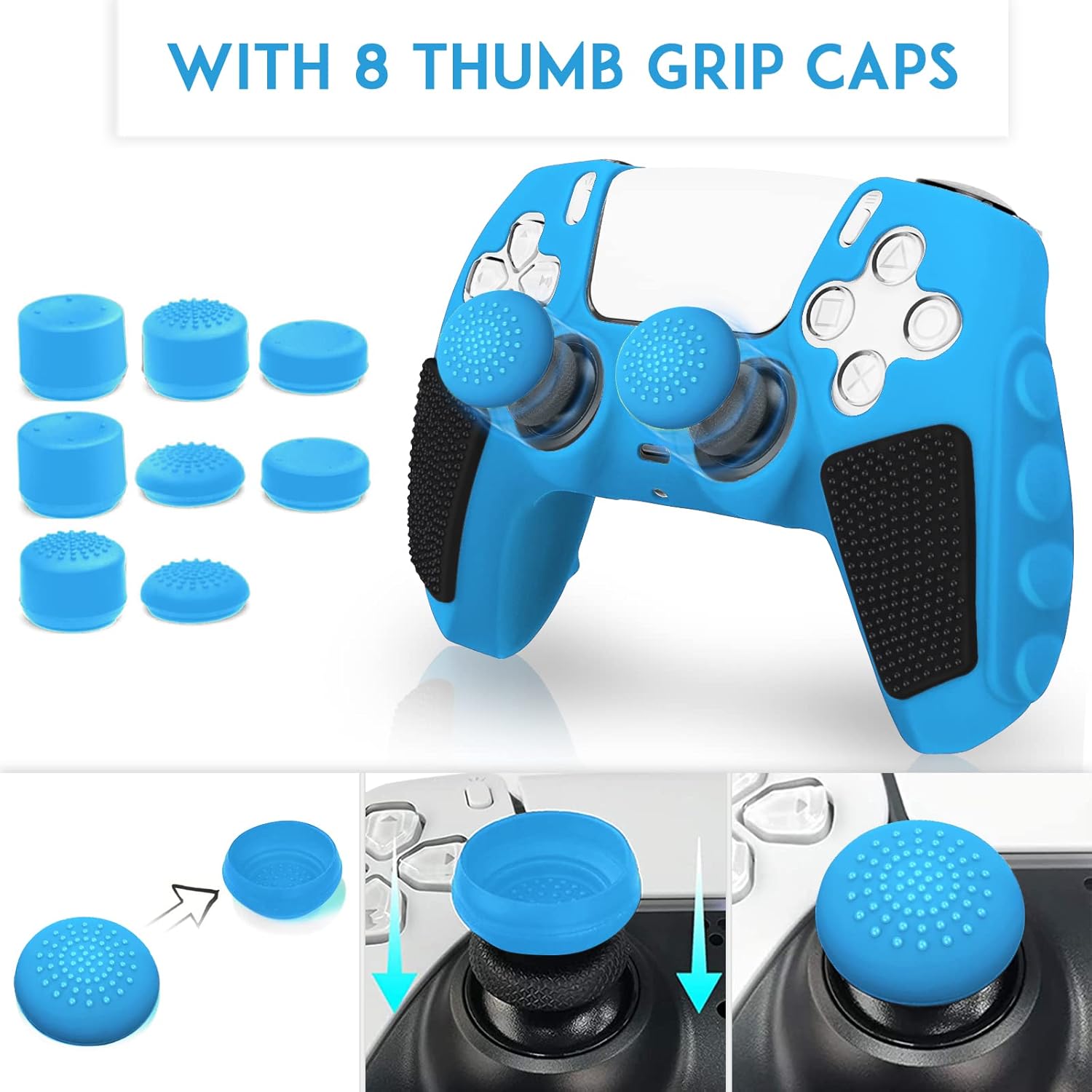 SIKEMAY Anti-Slip PS5 Controller Skin, Soft Thicken Non-Slip Studded Silicone Gel Grip Protective Cover Case for PlayStation 5 Controller Grip, 2 Pack with 8 x Thumb Grip Caps - Image 7