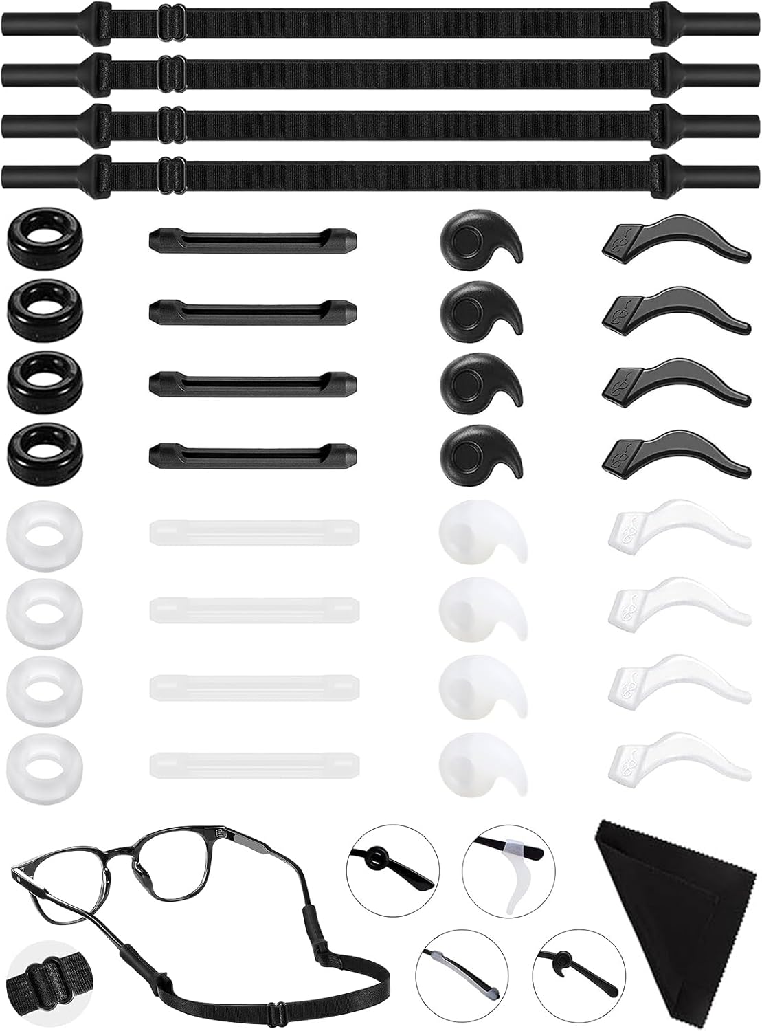 JIURUN Correa ajustable para gafas, paquete de 4 correas para lentes sin cola con 16 pares de gafas, cojín de agarre para orejas, retenedor de