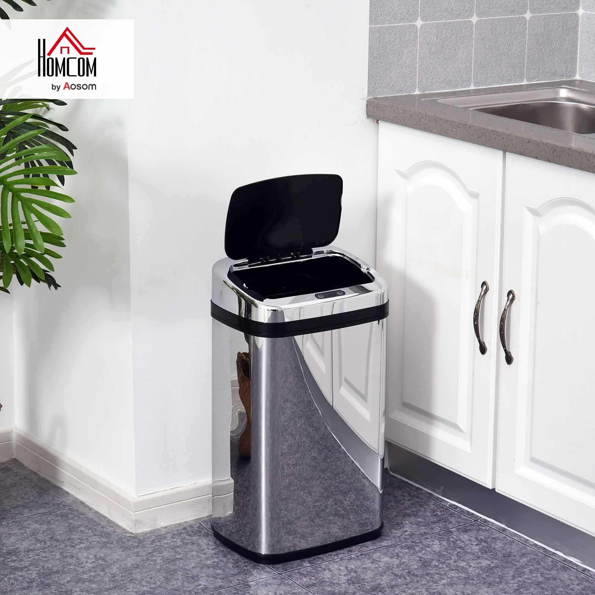 HOMCOM Papelera de Cocina 30L Cubo Basura Sensor Detector Movimiento Plata | Apertura Automático, Acero Inoxidable y ABS