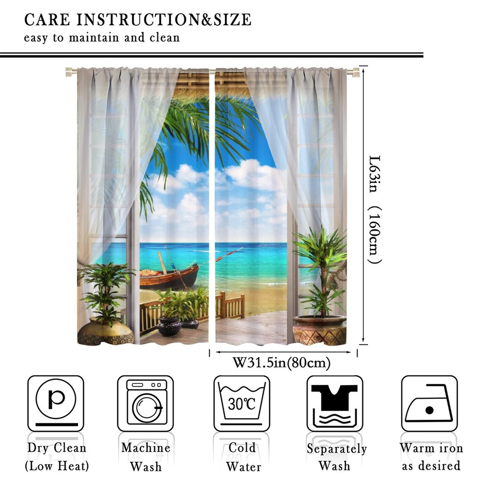 Beach Theme Curtains, Ocean Tropical Summer Hawaiian Blue Sea Waves Scenery Print Pattern Waterproof Grommet Window Drapes For Bedroom Living Room Laundry Room Closet Cafe 2 Panels W52 X L63