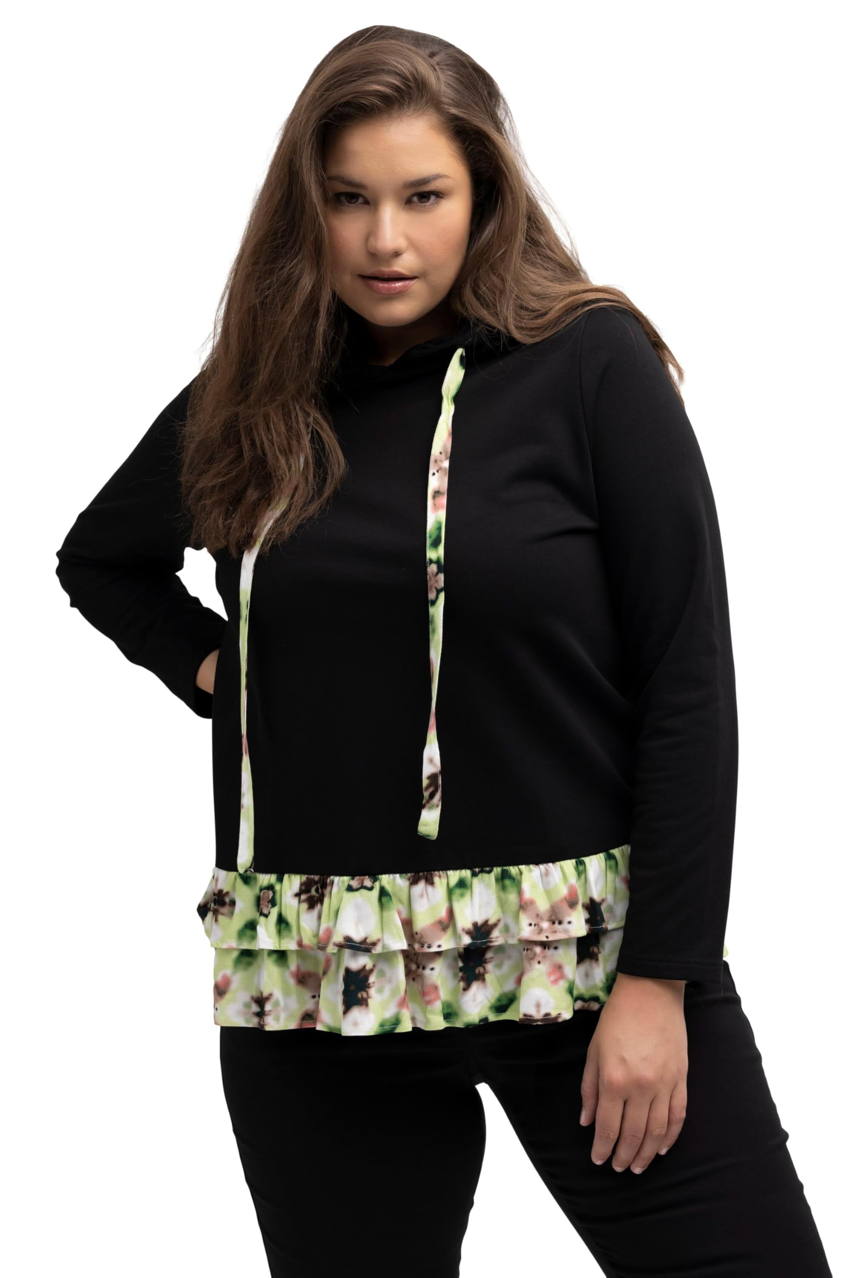 Ulla Popken Maglia dal Taglio Svasato con Effetto a più Strati, Cappuccio e Maniche Lunghe 812569