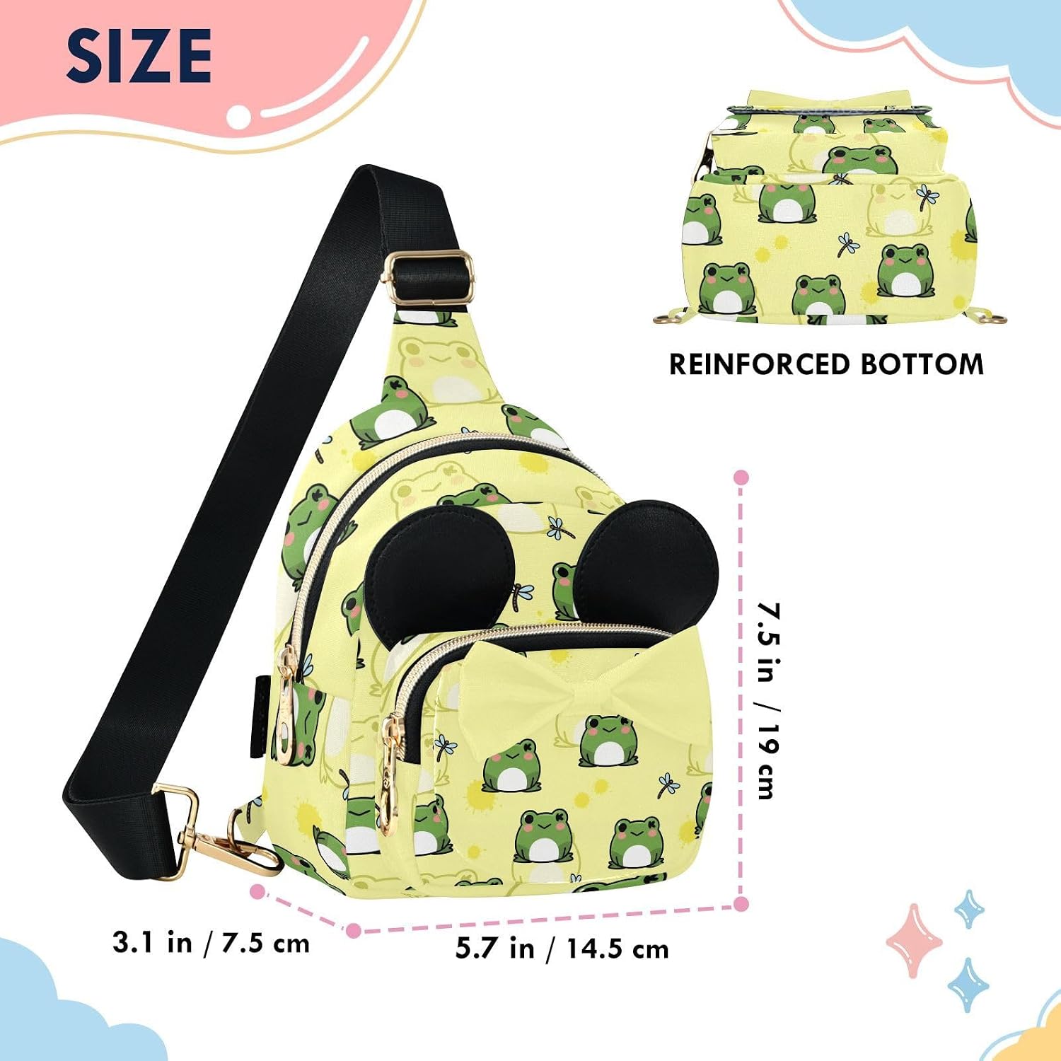 Sinestour Frogs Kids Sling Bag for Girls, 3.1x5.7x7.5In | Crossbody Fanny Pack, Toddler Purse, Cute Sling Belt Bag with Ears, 2L Small Shoulder Chest Bag for Travel