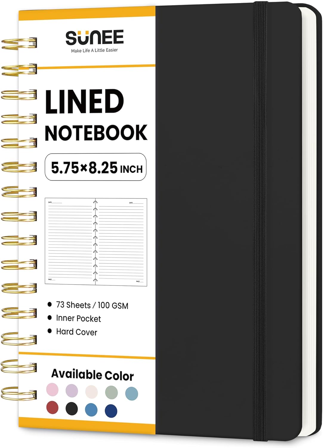 SUNEE Journaling Notebooks, A5 Lined Spiral Notebook for Women, 146 Pages College Ruled Hardcover Notebook for Work, Note Taking, Journaling and Office School Supplies, A5 -Black