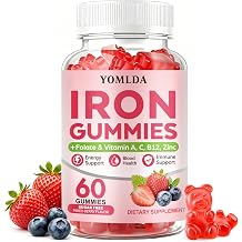 Iron Gummies for Women, Men & Kids - Vegan Sugar-Free Supplement with Vitamin C, A, B-Complex & Folate for Energy, Blood & Immune Support, 60 Gummies