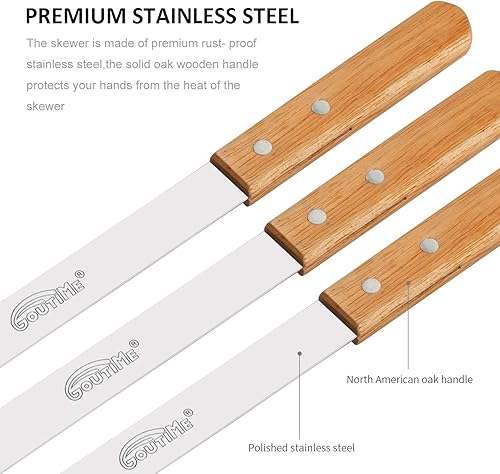 Miniatura 2 de Goutime Juego de 7 brochetas de barbacoa de acero inoxidable de 23 x 58 pulgadas con mango de madera para cocinar al aire libre, juego de 7 con bolsa