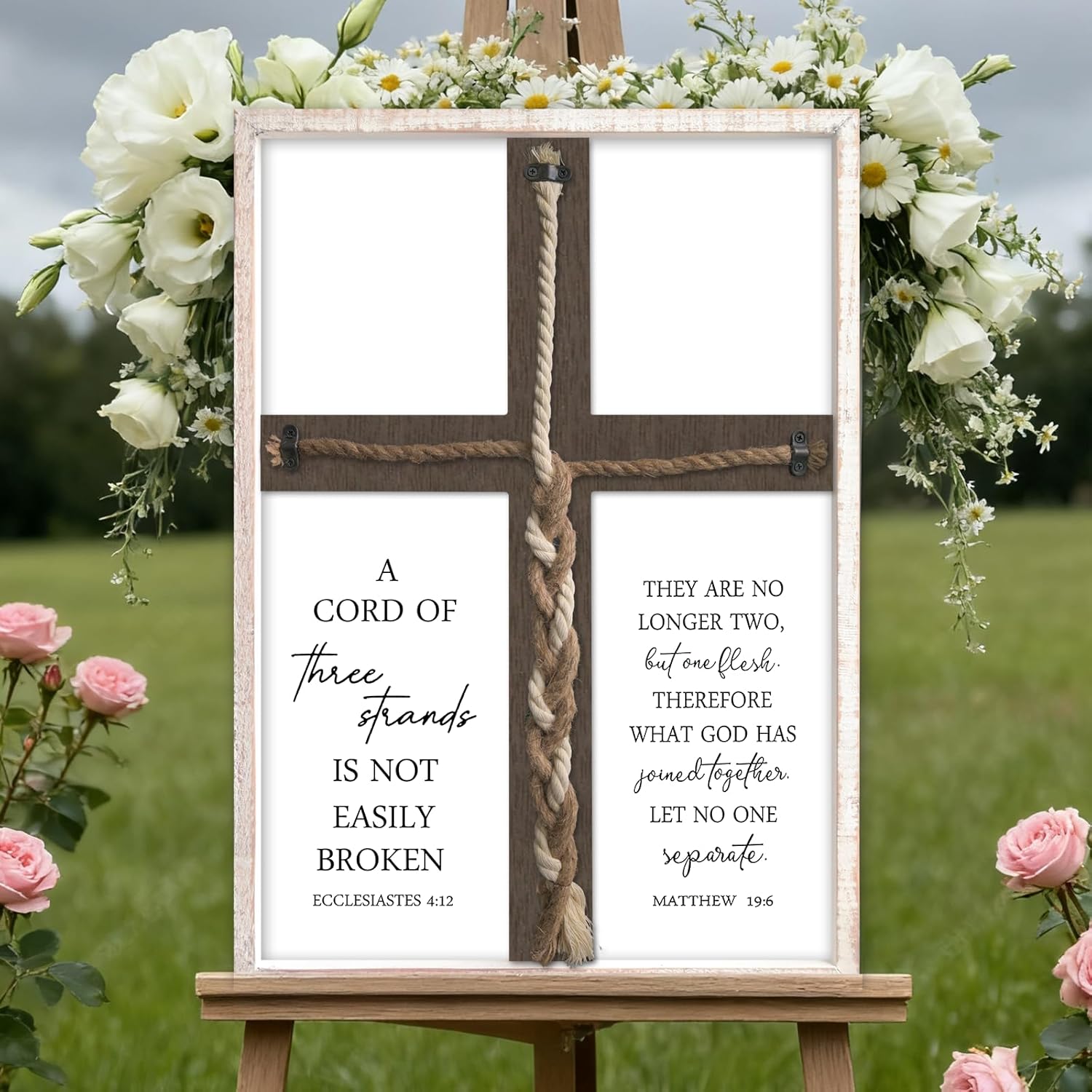 ZZJJHYWGQ A Cord of Three Strands Wedding Ceremony Unity Wall Decor Art 22"X16" Cross Braid Scripture Ecclesiastes 4:12 Sign for Couple Anniversary Christian Love Quotes Catholic Marriage (White)