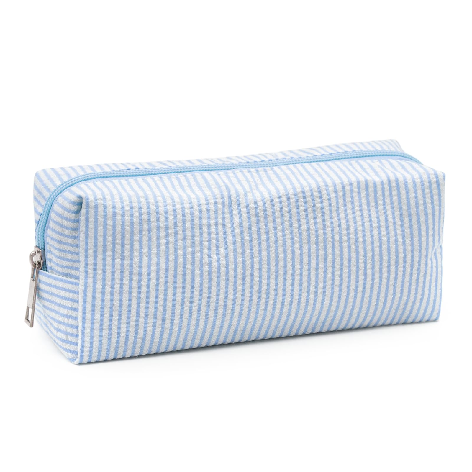 Long Keeper Cute Pencil Case for Girls Fabric Striped Pencil Case Pencil Bag Desktop Stationery Finishing Travel Storage Bag Multifunctional Cosmetic Pouch (Light Blue)