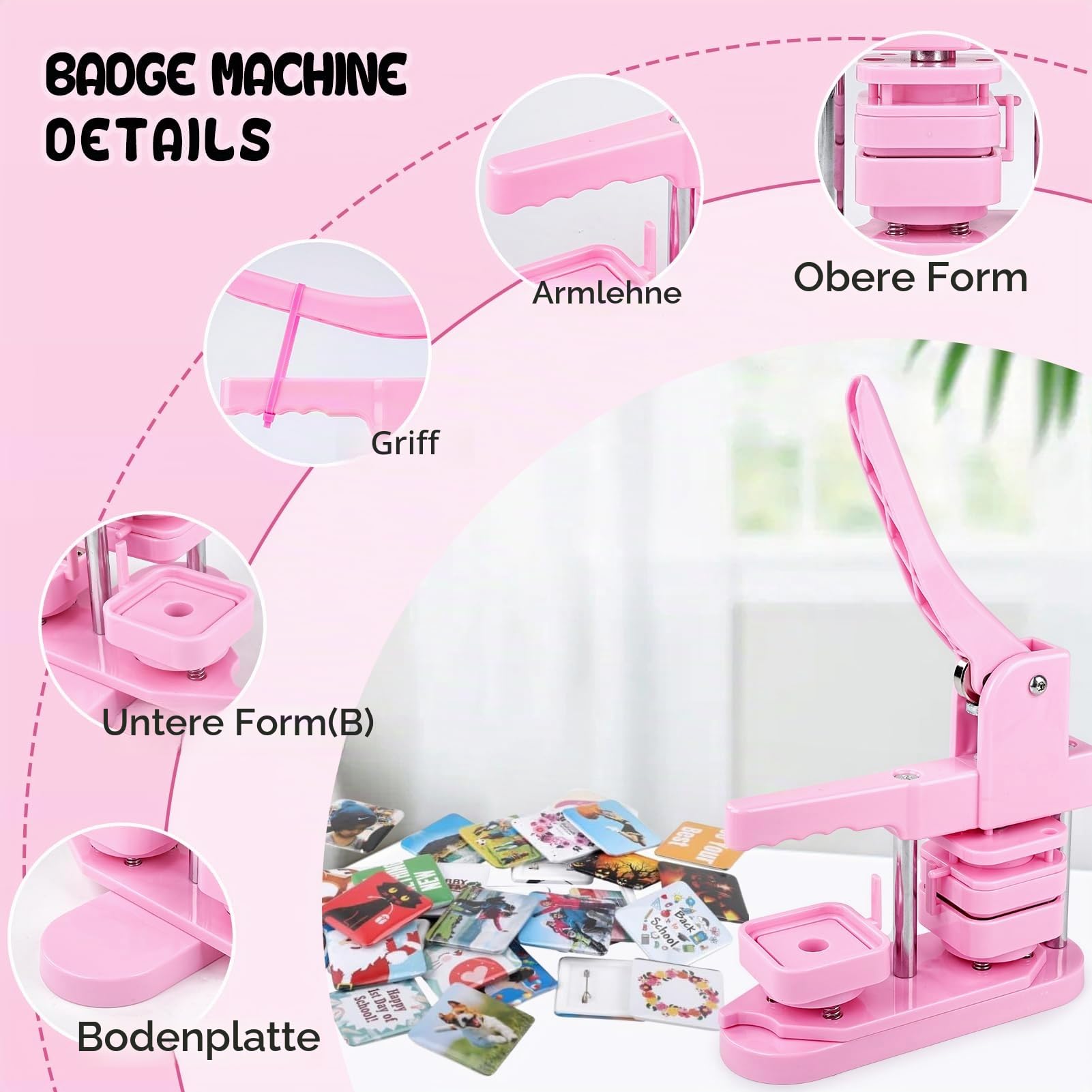 Button-Maschine, 50 mm, quadratisch, DIY-Kühlschrank, Abzeichen-Press-Set mit 100 Knopfteilen für Geschenke, Pin-Hersteller, Rosa