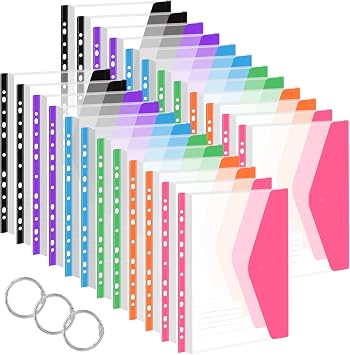 Plastic Wallets A4, 24 Pcs Expandable Punched Pockets, A4 Document Wallets Transparent File Folders with Label Pocket for Home, Office and School