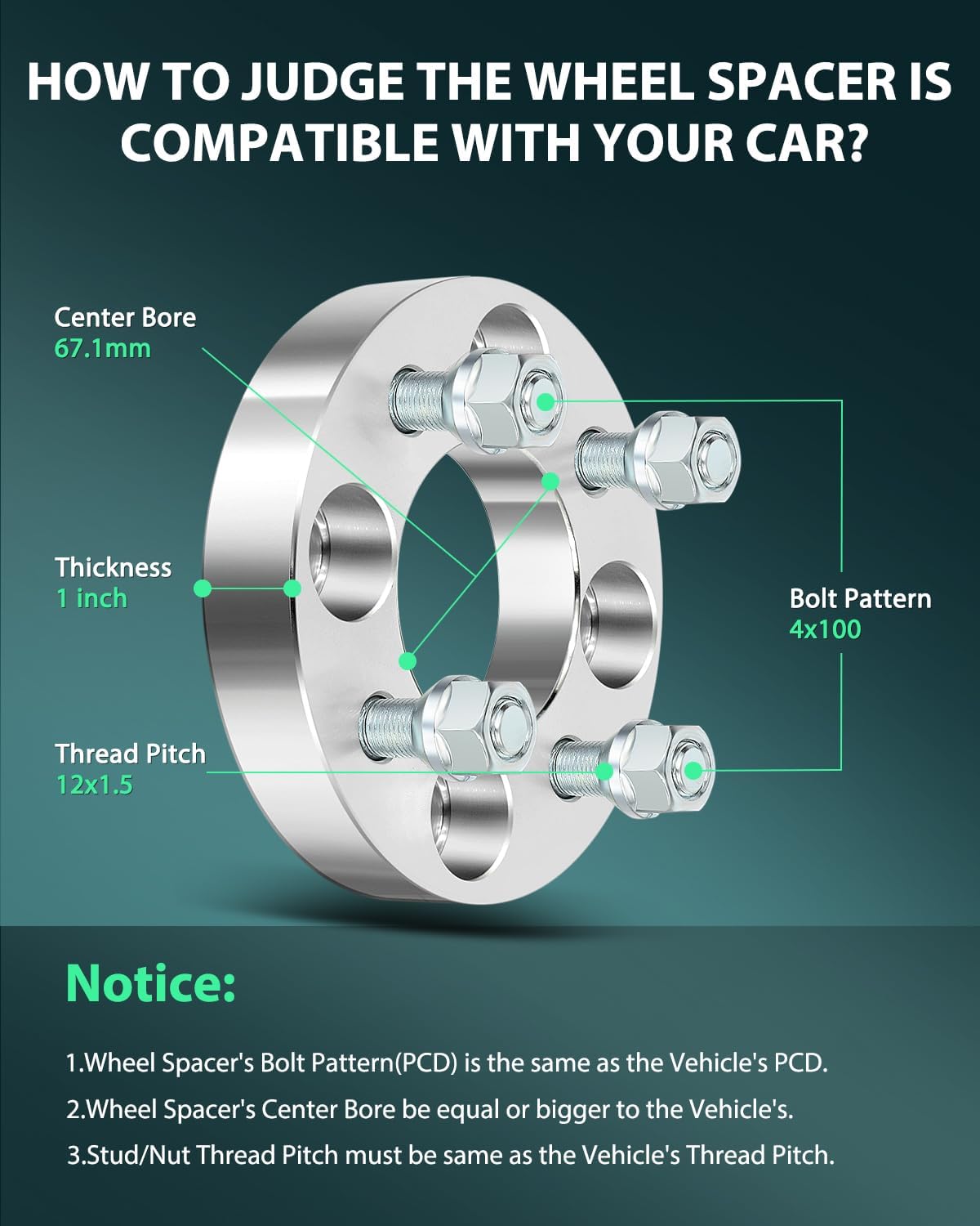SCITOO 4X 1 inch Wheel Spacers 4 Lug 4x100mm to 4x100mm 12x1.5 Studs 67.1mm Compatible with for Cobalt Wheel Spacers for Neon Wheel Spacers for Prelude Wheel Spacers