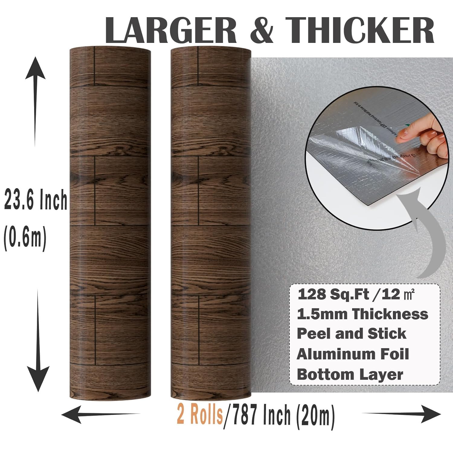 Oxdigi Peel and Stick Vinyl Flooring 2 Rolls 23"x 393"/128 Sq.Ft, Self Adhesive Vinyl Floor Tiles Wood Plank Flooring Waterproof Wear-Resistant for Any Room, Easy DIY Floor Coverings, Deep Brown