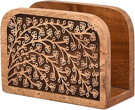 Kimona Napkin Holders Acacia Wood, Woodcarving Stylish & Durable Napkin Stand for Paper Napkins for Kitchen Dining Room Table Decor 5.5" X 2.5" X 4"