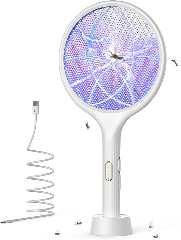YISSVIC Matamoscas eléctrico 4000V Raqueta exterminadora de insectos modo dual (2, blanco) | Modo manual automático, luz atrayente púrpura, recargable, uso en interiores y exteriores para acampar en el hogar