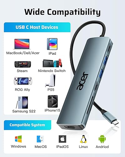 Miniatura 6 de Acer Hub USB C, divisor USB C a HDMI 7 en 1, 2 puertos USB 3.1 GEN1 y 5Gbps tipo C, puerto HDMI 4K, carga PD 100W, lector de tarjetas SD, para