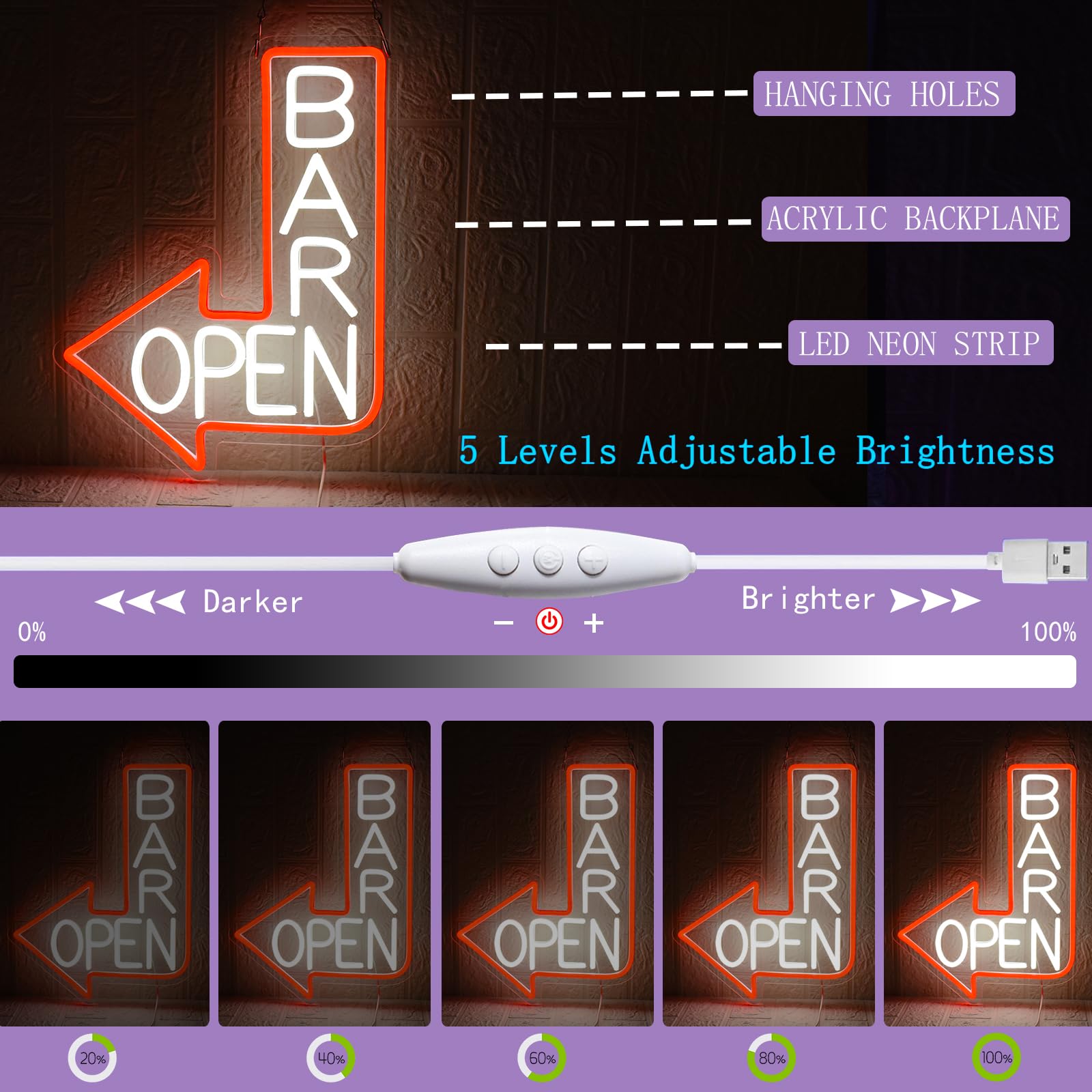 UExnkj-Y Bar Open Neon Sign, LED Open Light Advertisements for Business Dimmable Bar Sign with USB Open Sign for Bar Salon - Image 4