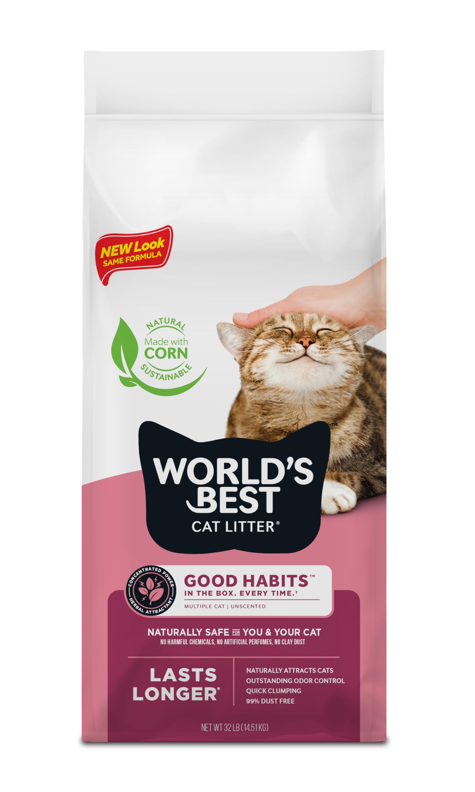 WORLD'S BEST CAT LITTER Good Habits Cat Attract Litter | Atrayente natural a base de plantas | Arena de maíz desechable | Control de olores sin perfume | Bajo seguimiento y ligero | Bolsa de 32 libras
