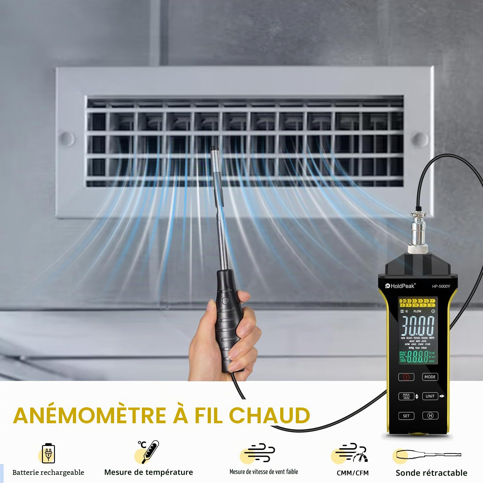 Anémomètre professionnel à fil chaud – Appareil de mesure numérique précis de la vitesse du vent pour CFM/CMM, avec mesure de la température, sonde télescopique, écran lumineux et export de