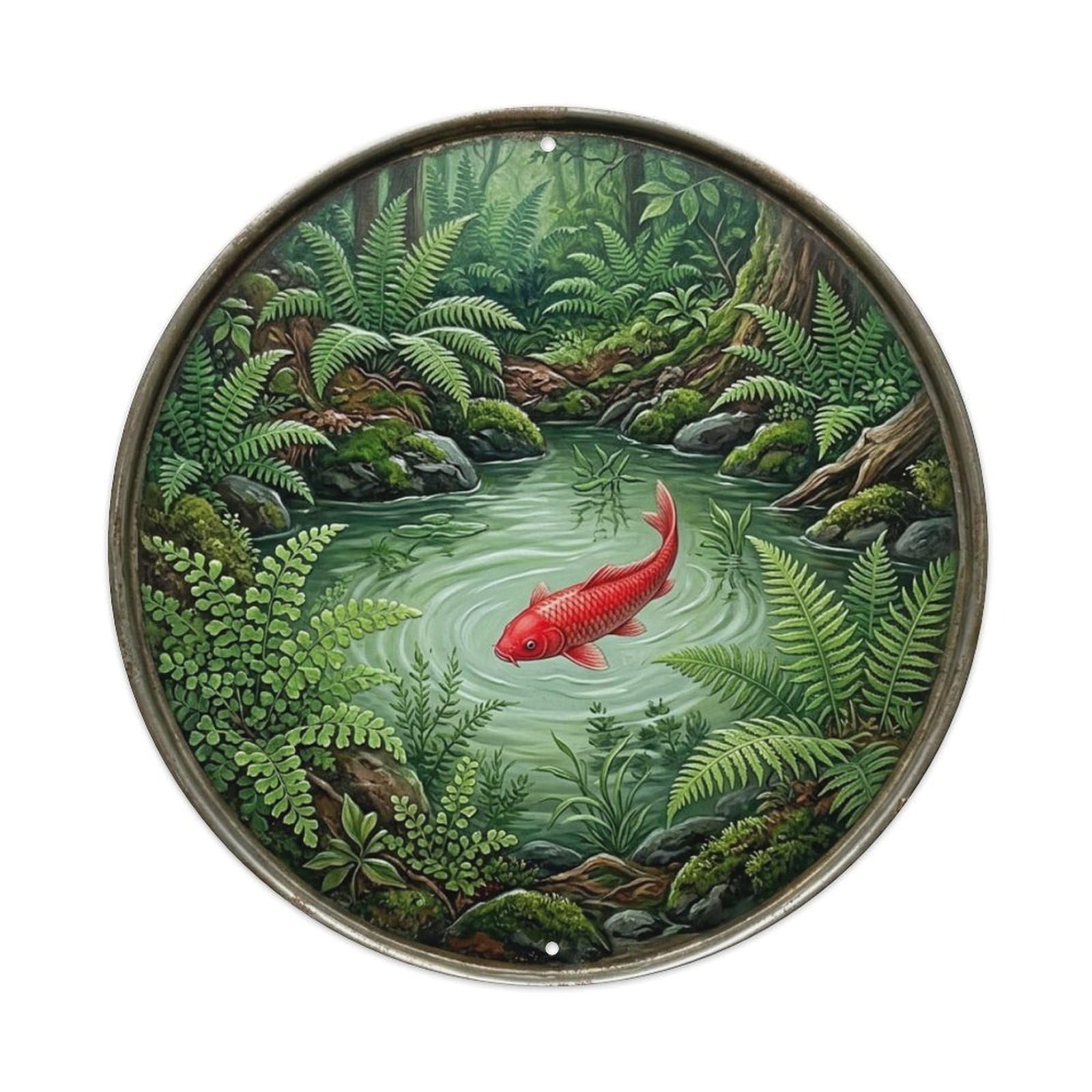 Fern Forest Floor Koi Fish Vintage Metal Tin Sign Plaque Wall Decor for Cafe, Club Bar, Office, Garden Metal Poster 8x8Inch