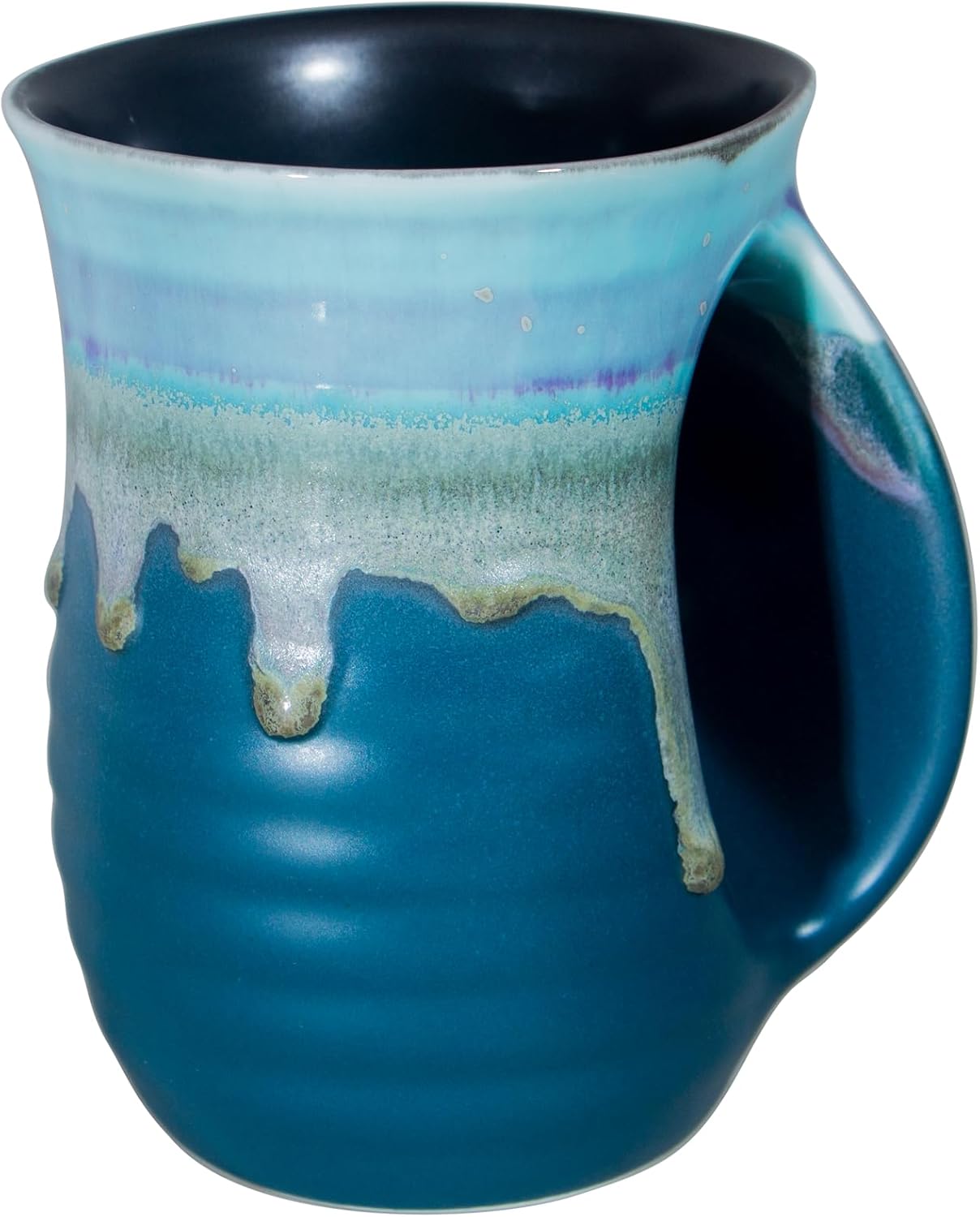 Hand Warmer Mug,18 Oz Handmade Pottery Hand Warming Coffee Mug Large with Pocket Right Handed (Grey/Green)