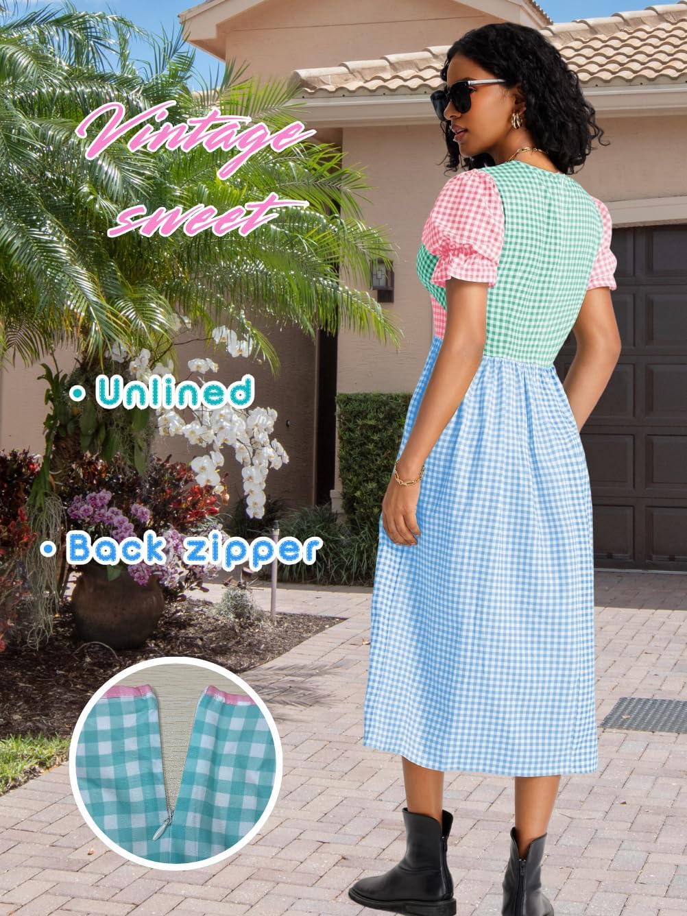 Kaei&Shi Color Block Gingham Dress,V Neck Puff Sleeve Midi Dresses,Cottagecore Vacation Summer Beach Outfits for Women