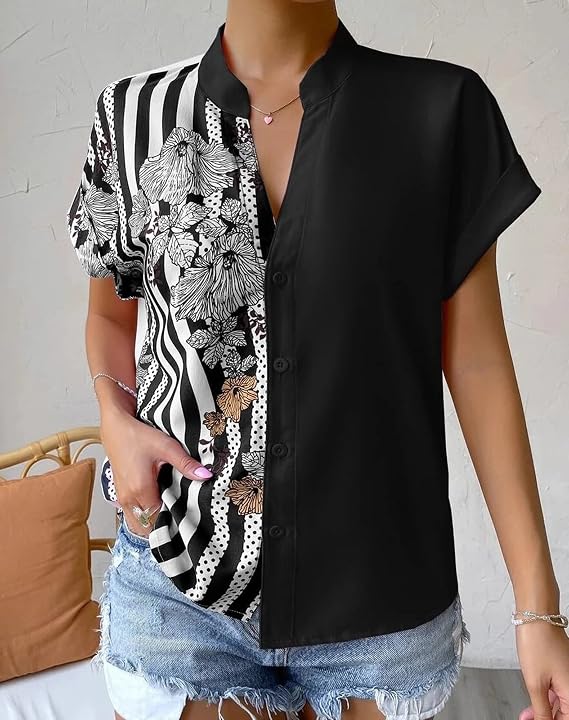 Pantete Womens Patchwork Button Down Shirt V Neck Short Sleeve Striped Blouse Tops
