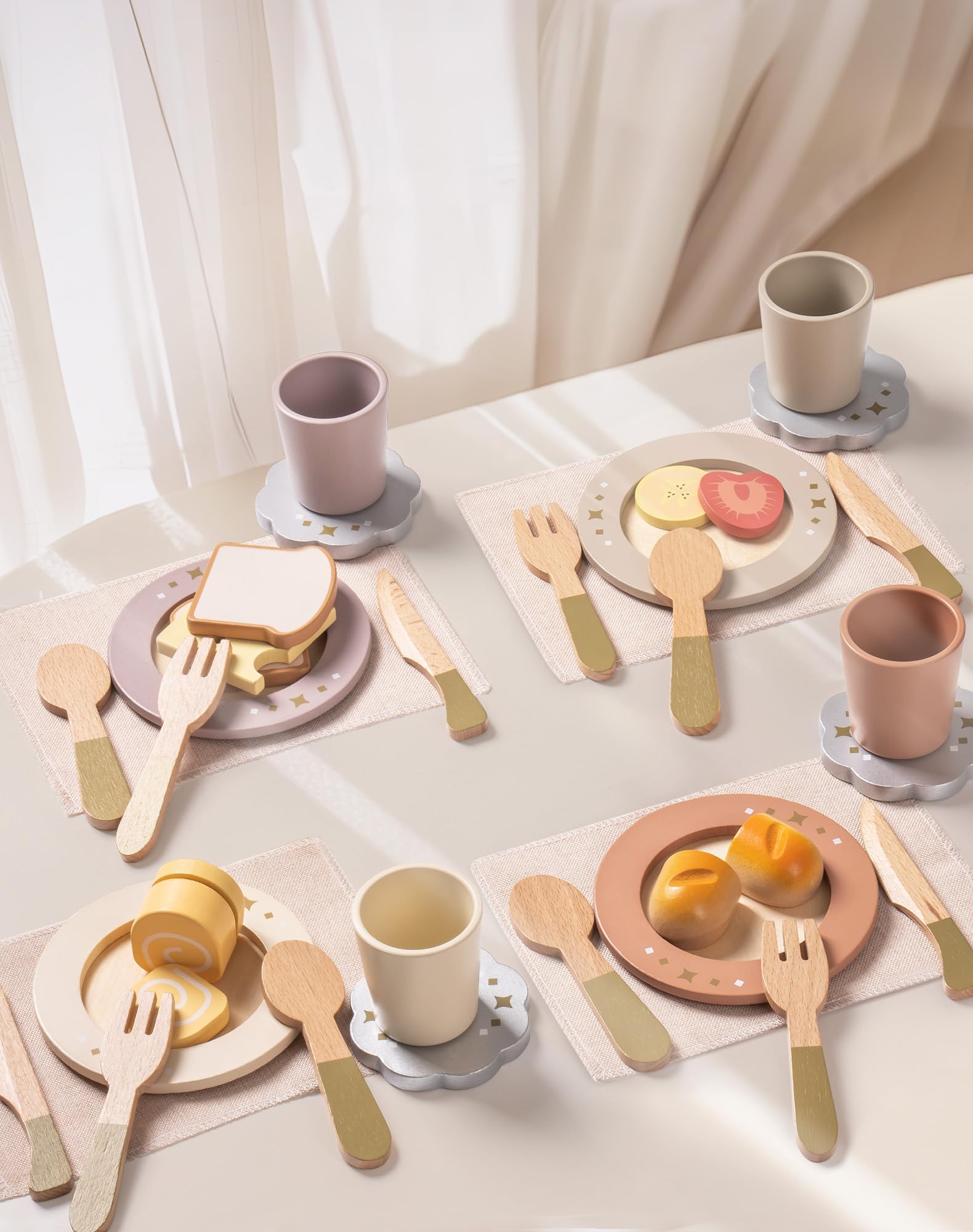 ROBUD Set di piatti da cucina in legno, 29 pezzi, piatti e posate giocattolo per bambini, accessori per la cucina, regali per bambini per ragazze e ragazzi (set da 4)