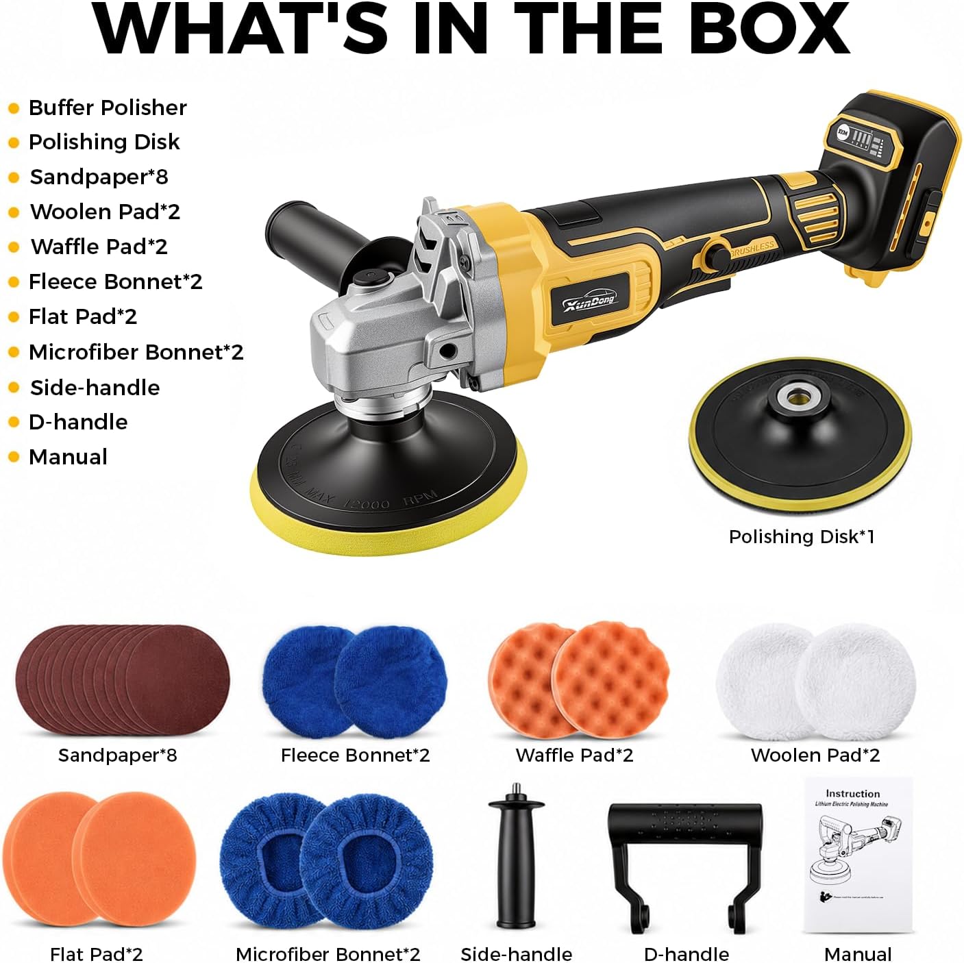Upgraded Cordless Buffer Polisher Compatible with DEWALT 20V Battery, 8000 RPM Max Brushless Motor, Car Orbital Polisher 4.84", Detachable Handle, Ideal for Car Detailing, Sanding & Waxing