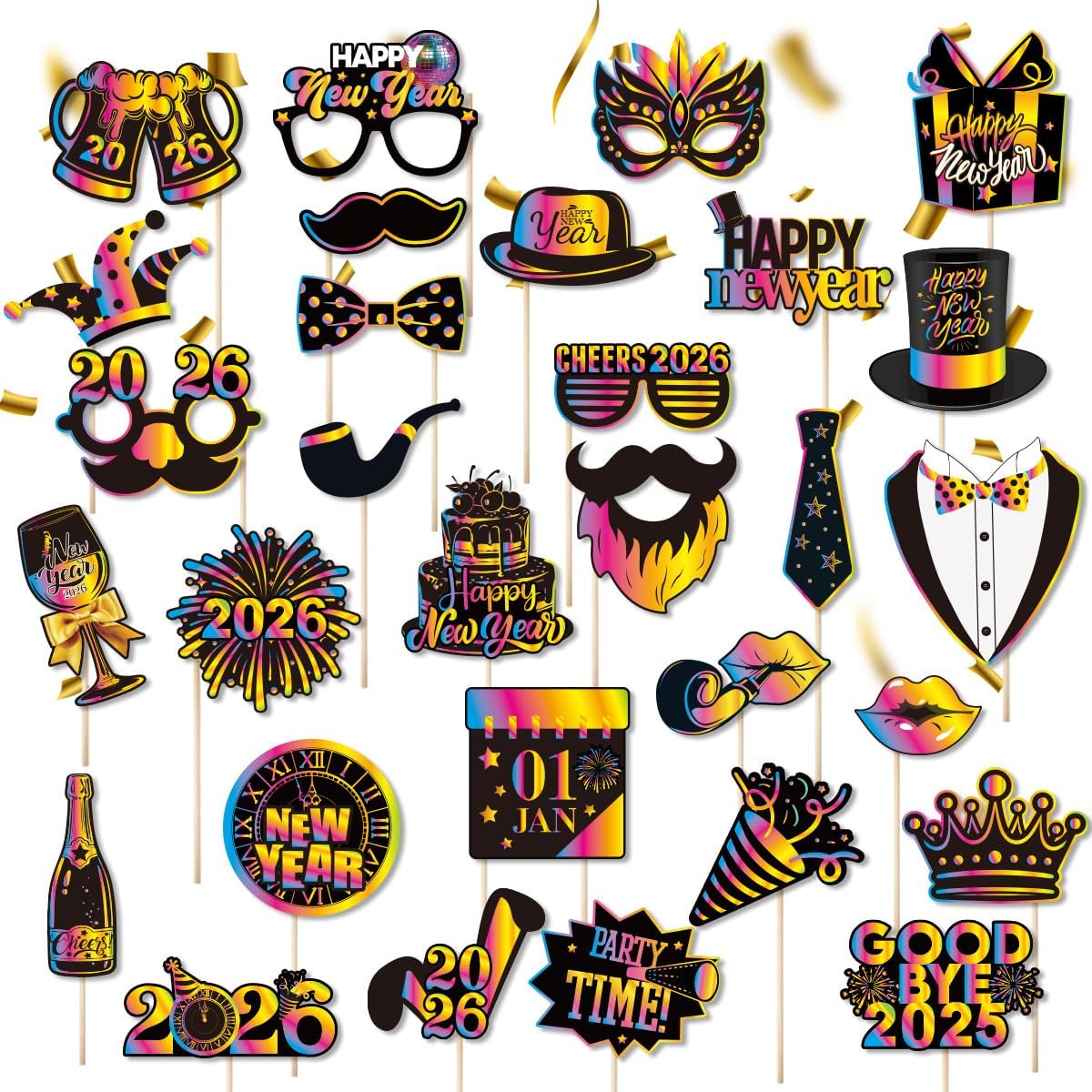 30 Pcs Happy New Years Photo Booth Props 2026 Photo Props Funny Festive Party Decorations Supplies - Image 5