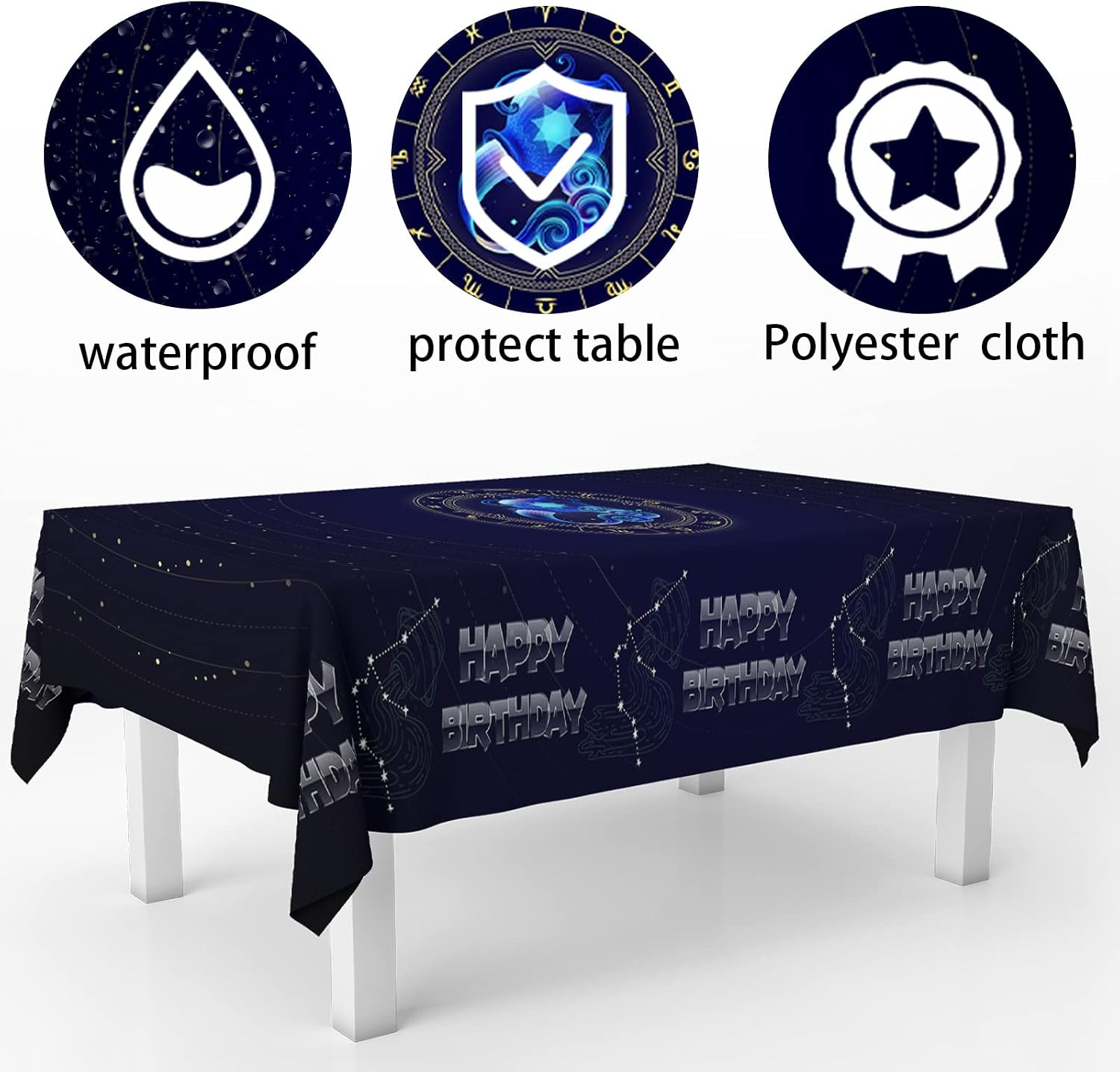 Aquarius Happy Birthday Tablecloths Creative Constellation Zodiac Renctangle Table Cover Decoration for Birthday Party Kitchen Dining Room Outdoor Indoor Photo Booth Props Supplies 53"x98" image 3