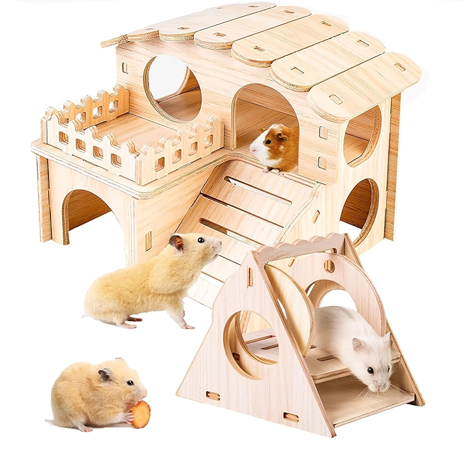 自然真木质小鼠迷宫别墅，带秋千配件的仓鼠藏身处