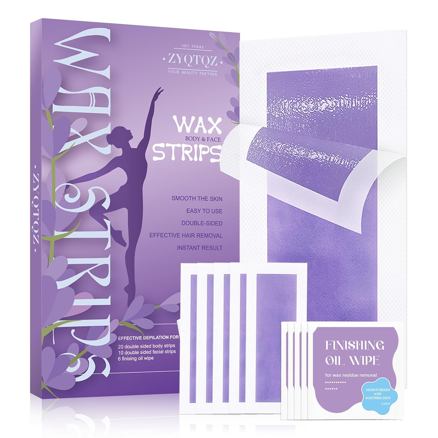 Wax Strips for Hair Removal 60 Count with 10 Soothing Oil Wipes, At-Home Waxing Kit for Women and Men, Lavender