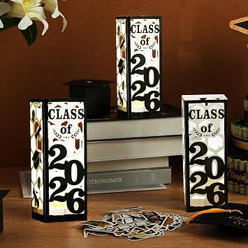 6 Pcs Light Up Graduation Centerpieces- Class of 2026 Graduation Decorations Lantern Boxes for College High School Congrats Graduation Party SuppliesBlack
