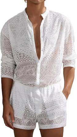 Panegy Men Lace Mesh Outfits 2 Piece Beach Shirt and Shorts Set Tracksuit Summer 2024 M-3XL