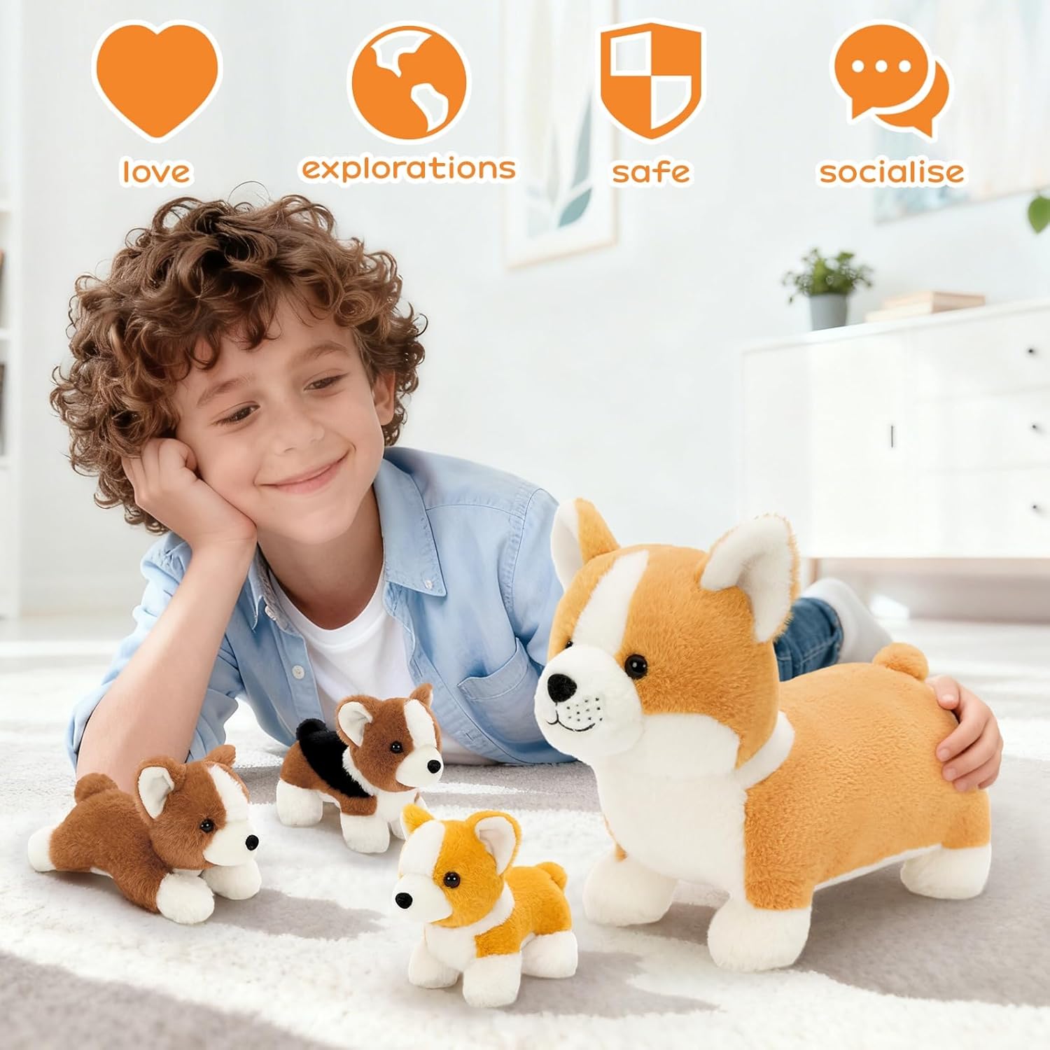 MaoGoLan 4pcs Corgi Stuffed Animal, 15.7 Inch Large Mommy Dog Stuffed Animal with 3 Baby Puppy Plushies, Realistic Cute Stuffed Dog Plush Toys for Kids Girls Boys Gift