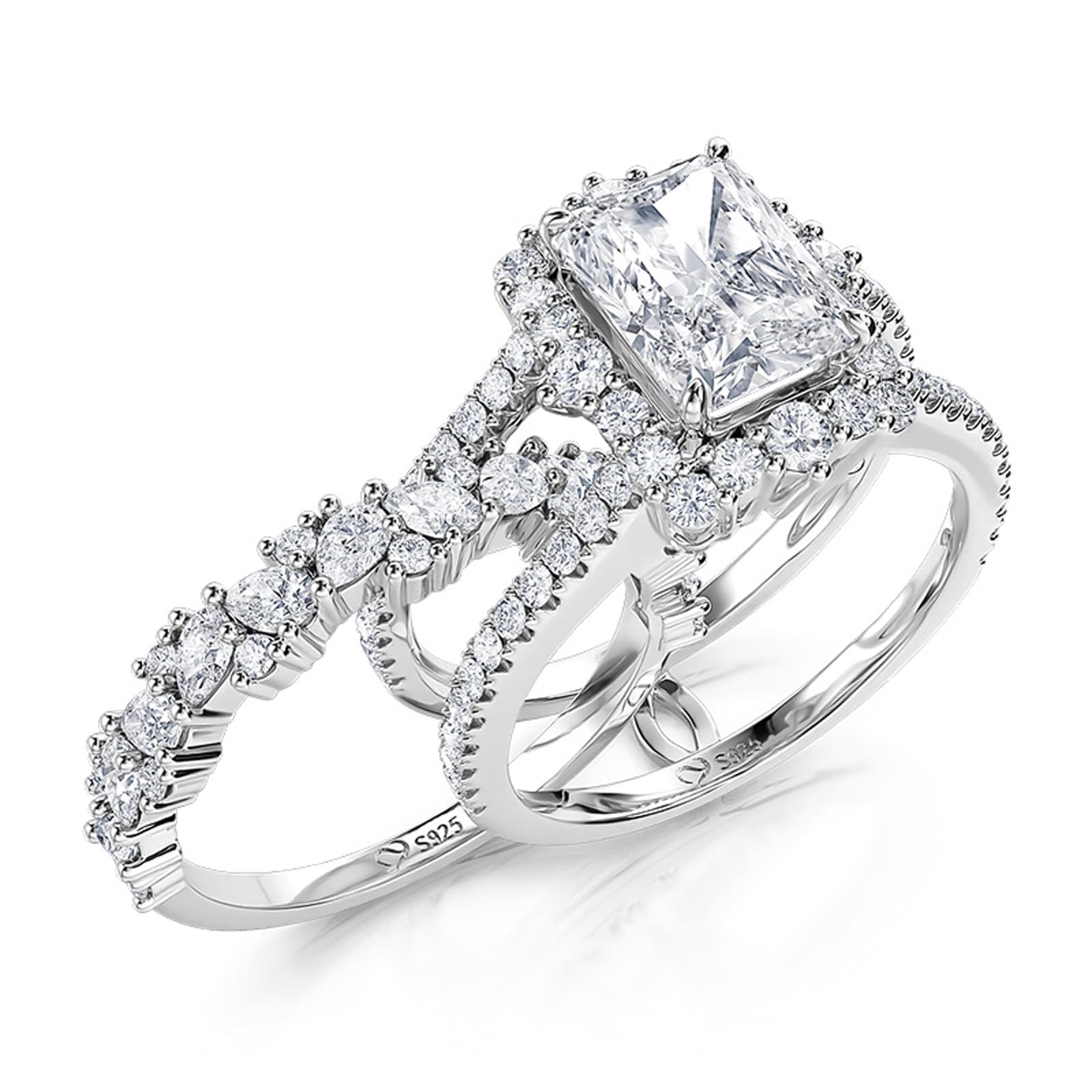 Jeulia 2 PC Interchangeable Engagement Ring Set for Women 925 Sterling Silver Radiant Cut Diamond Wedding Ring Set Cubic Zirconia Halo Solitaire