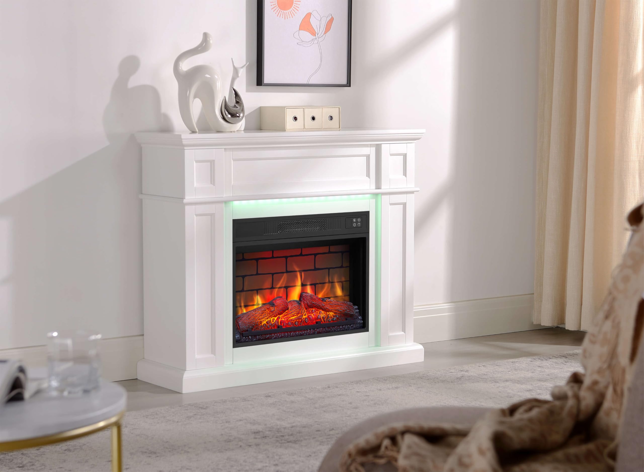 Kominek elektryczny LED ArtiFlame Linz AF23BS biały z dźwiękiem, 12 trybów ogrzewania 1800 W, timer, prawdziwy efekt płomienia, 3 poziomy jasności, ekskluzywny design, pilot