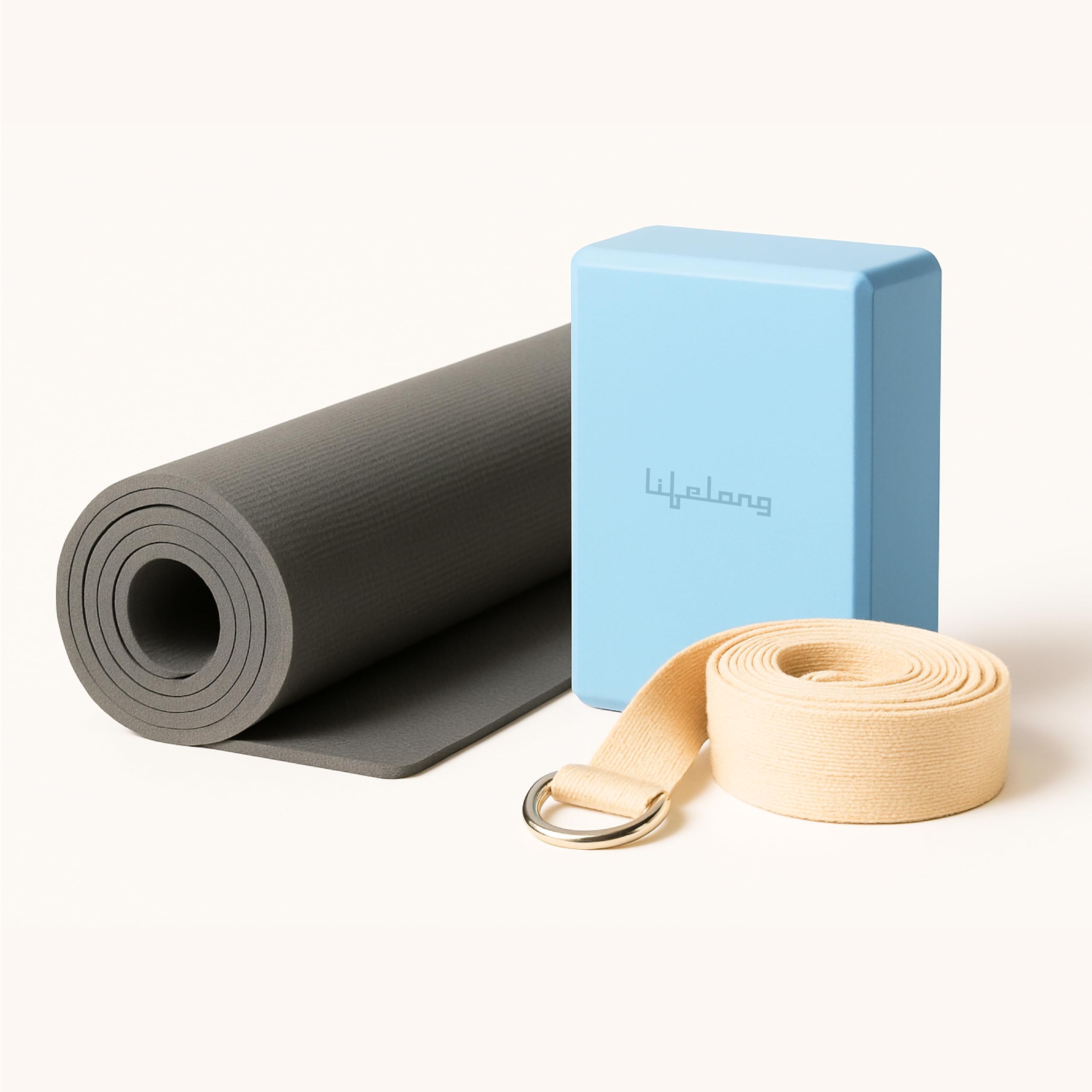 Lifelong yoga combo set of 3 for men and women I 4mm yoga mat, 6ft yoga belt, Yoga block