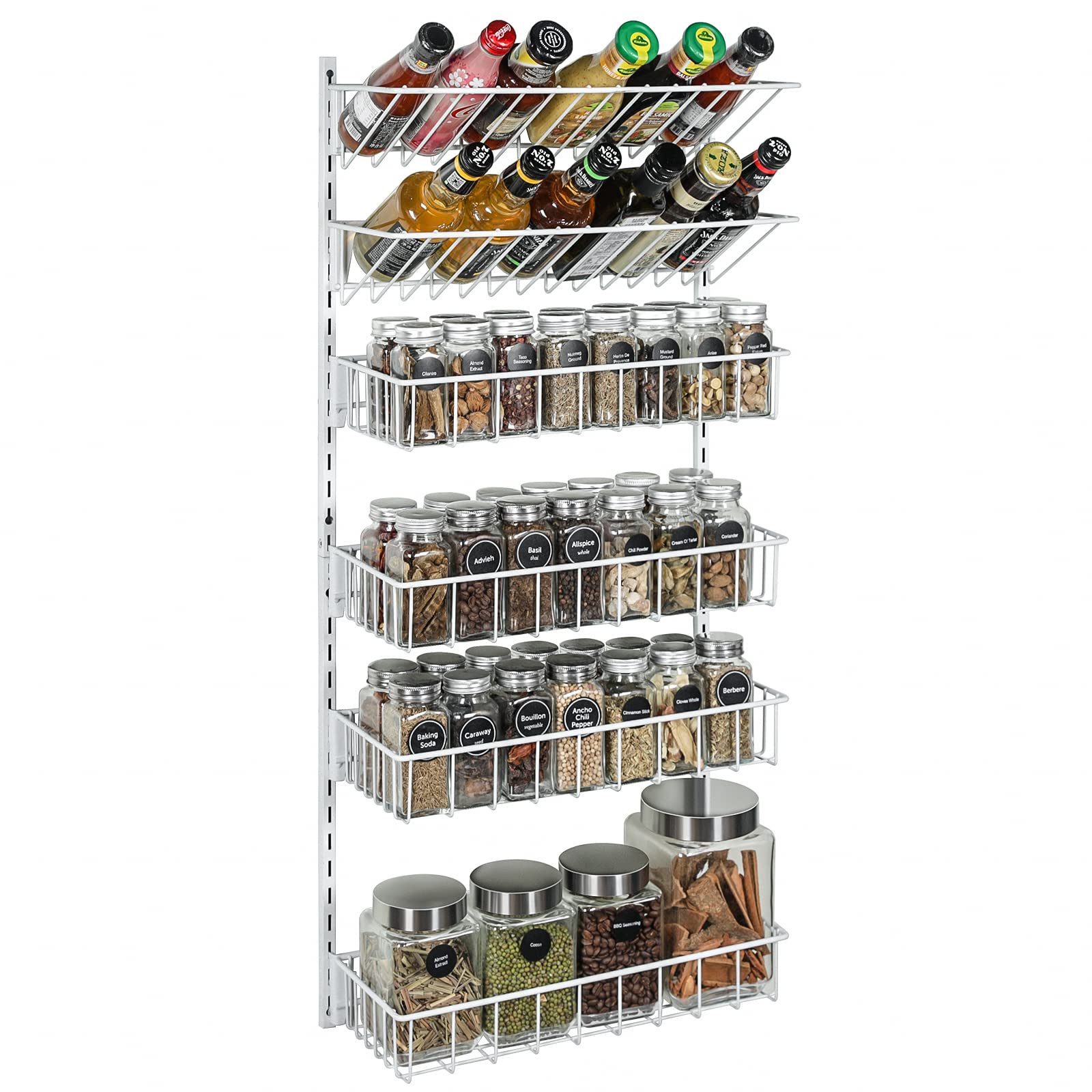 X-cosrack Wall Mounted Spice Rack 6 Tier Hanging Seasoning Holder Organizer Height-Adjustable Wire Storage Shelves for Kitchen Pantry Cabinet Door, White