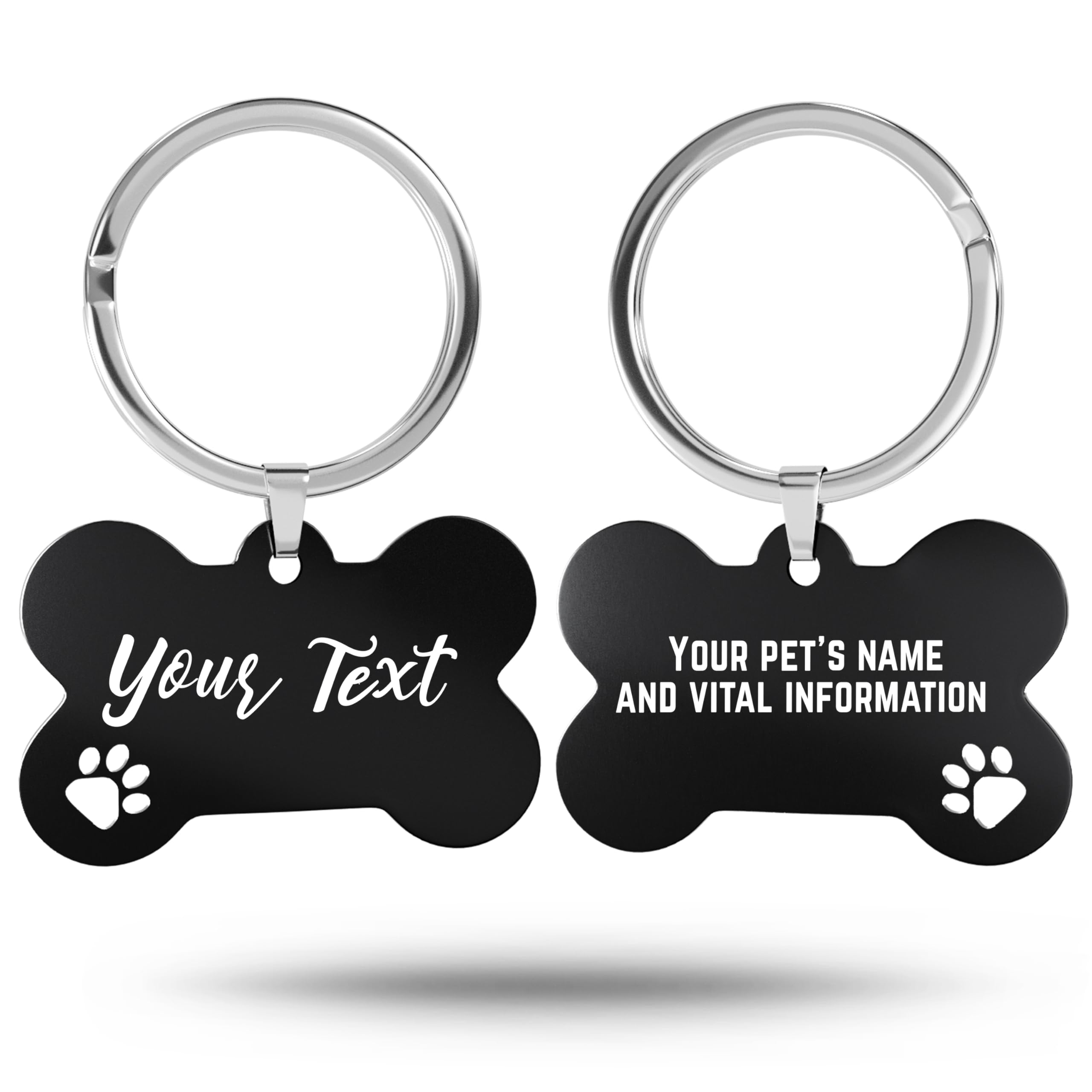 Charmify Dog Tags for Pets Engraved UK – Bone & Paw Stainless Steel Dog Name Tag | Personalised Pet ID Tag Engraved with Name, Phone & Address | Made in UK (Black/PAW, L)