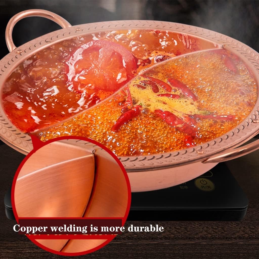 Premium Copper Fondue Pot - 38cm Induct & Gas Catible Hot Pot - Thick Flat-Bottomed Mandarin Duck Design for Commercial & Home Use, Perfect for Parties & Gatherings.
