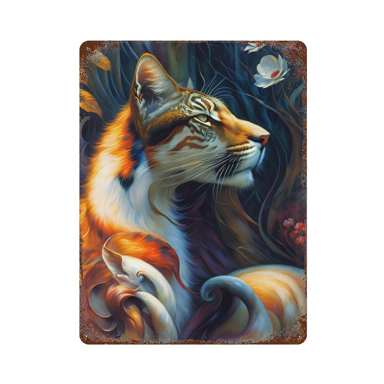 Rust Effect Tiger Fantasy Art Print Aged Metal Wall Plaque 15.7"x11.8", Shabby Chic Decor for Living Room, Hallway And Home Decor