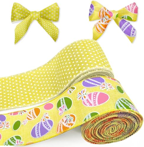 Miniatura 7 de 2 rollos de cinta de Pascua con borde con alambre de 10 yardas, lazos de arpillera de puntos blancos y morados de 2.5 pulgadas para corona, huevos
