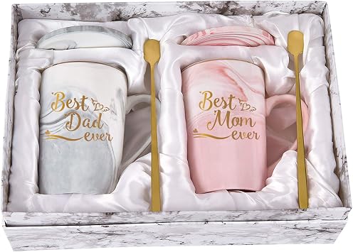 YHRJWN Best Dad and Mom Marble Ever Coffee Mug Set - with Gift Box Coaster Spoon for Christmas Birthday Parent Gift from Daughter Son 14 Oz Each