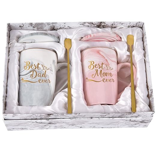 YHRJWN Best Dad and Mom Mug Mom and Dad Ever Marble Coffee Mug Gifts for Mom Dad from Daughter Son New Parent Gift Couple Gift Set for Christmas Birthday 14 Oz with Gift Box Coaster Spoon