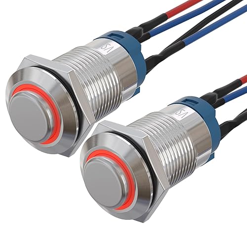 Vista 26 de APIELE (Pcs de 2) Interruptor de botón momentáneo de 0.472 in Cabeza redonda alta Acero inoxidable 1 normalmente abierto con anillo Led (azul)