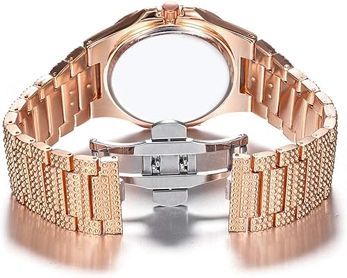 Miniatura 10 de Reloj de pulsera de pulsera de acero inoxidable analógico de cuarzo y diamantes de lujo Bling-ed Out